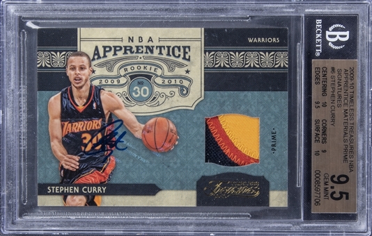 2009-10 Timeless Treasures NBA Apprentice Materials Prime Signatures #6 Stephen Curry Signed Patch Rookie Card (#01/10) - BGS GEM MINT 9.5/BGS 9